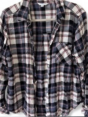 Time and Tru Plaid Button-Down Shirt in Navy, White & Pink